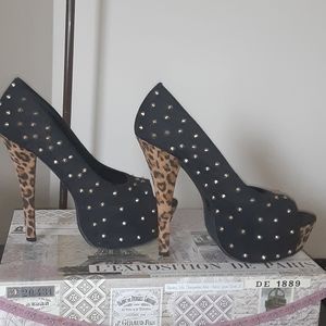 Black Studded Spike and Leopard Open Toe Pump